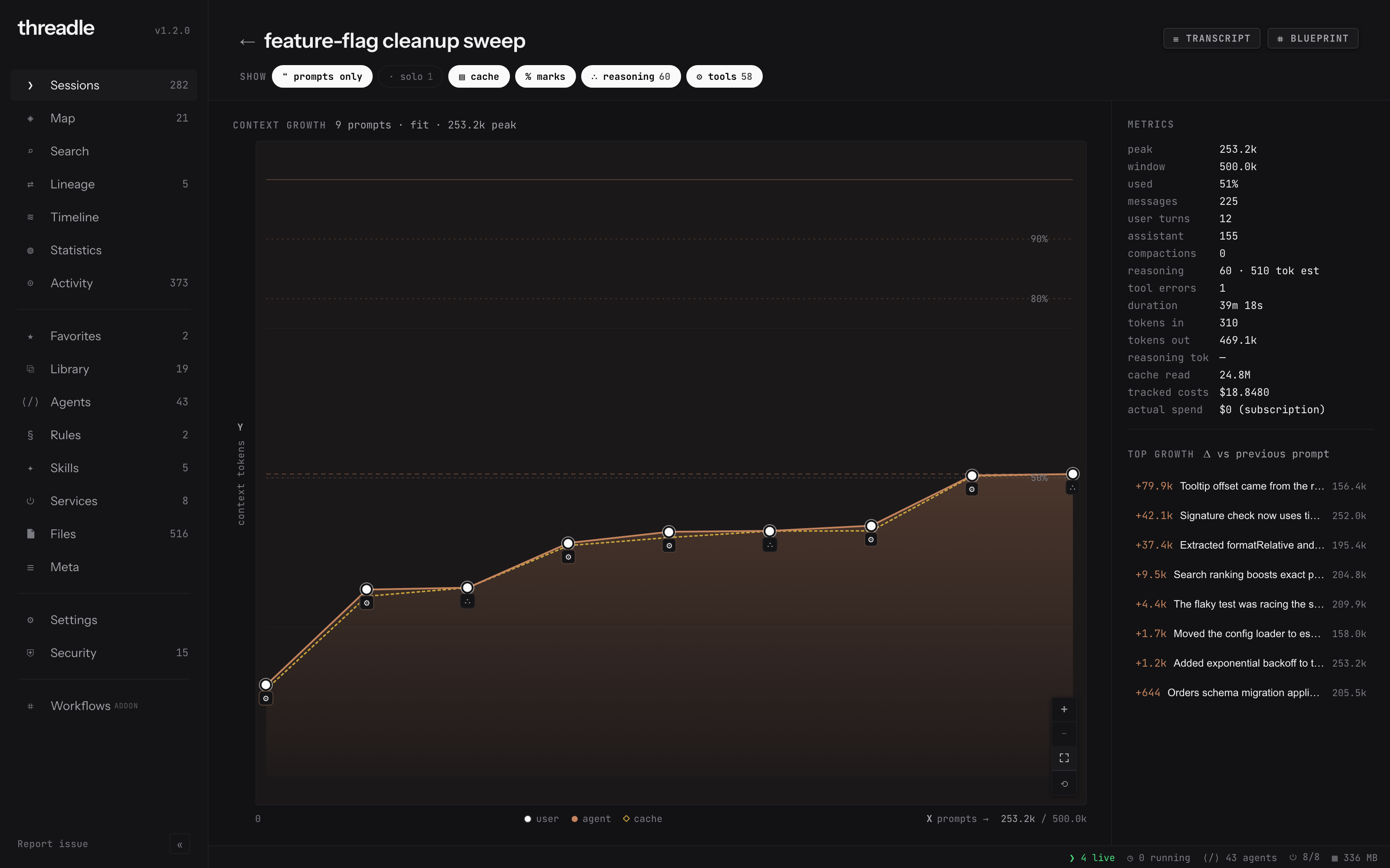 Session context growth with cache overlay