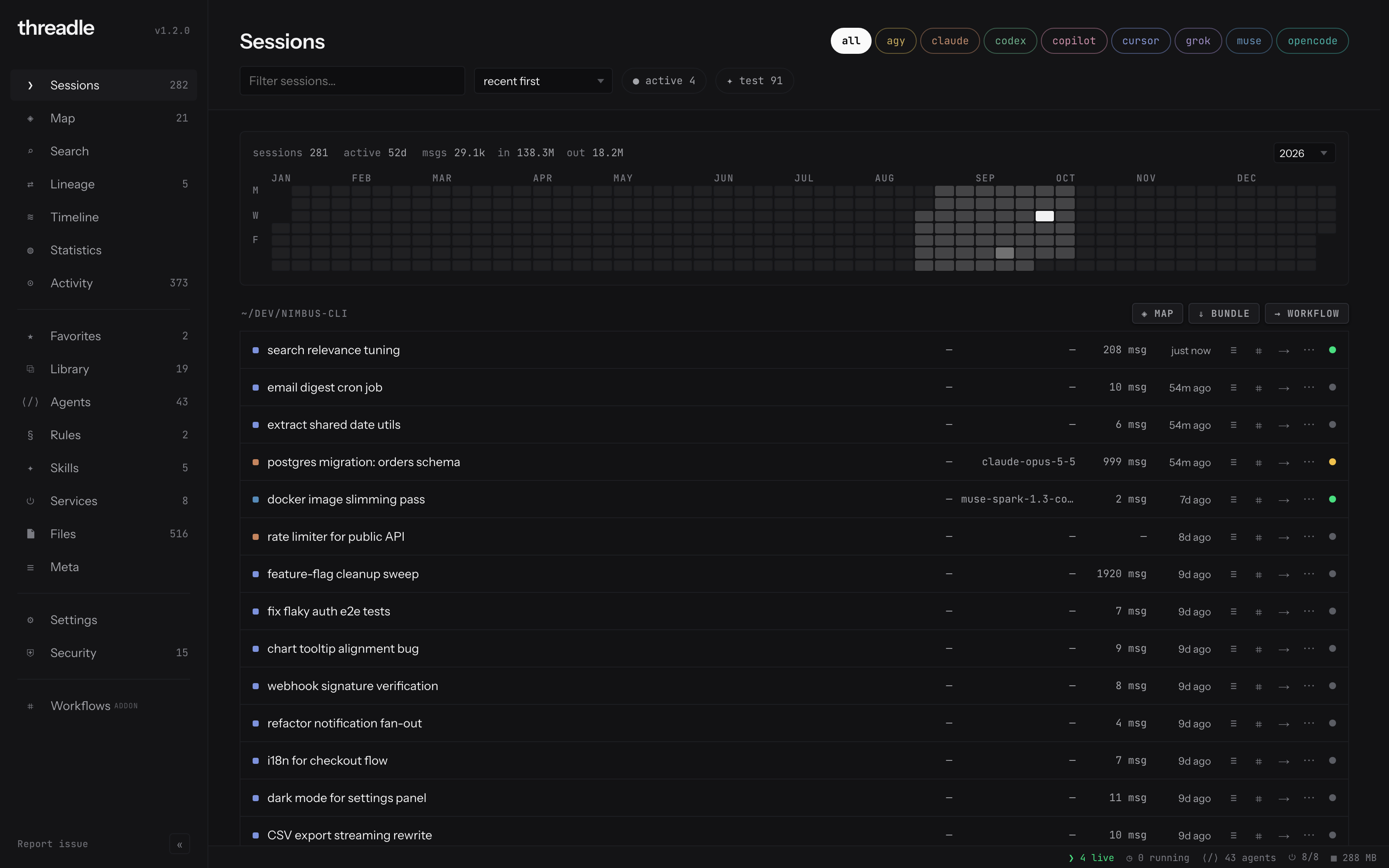 Sessions list across local agent tools